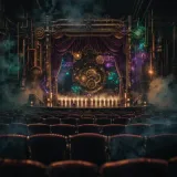 A dark steampunk theater where a brass clockwork stage has already raised its curtain and lit every glowing neon footlight and spinning gear for a performance, while the rows of velvet seats sit completely empty in drifting fog