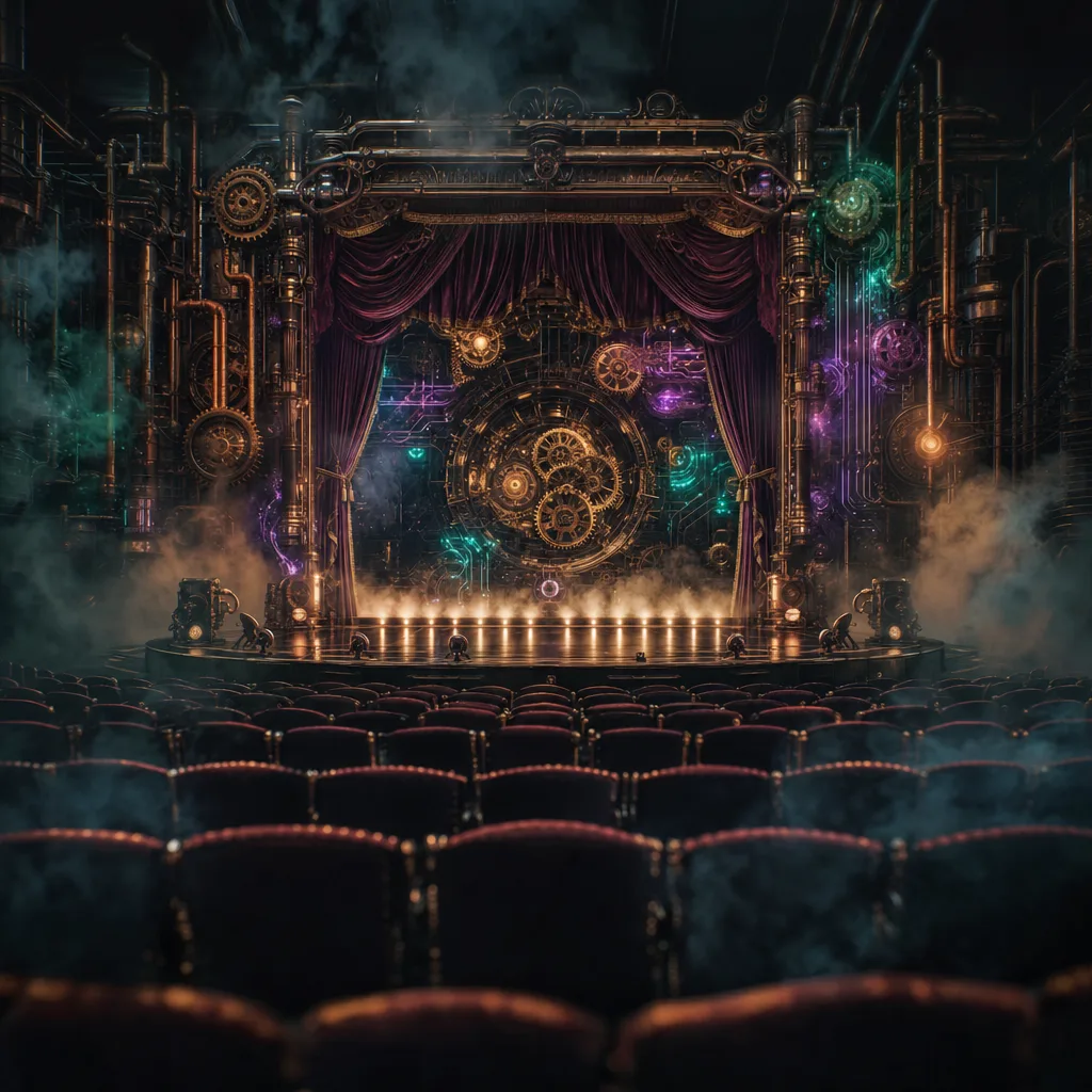 A dark steampunk theater where a brass clockwork stage has already raised its curtain and lit every glowing neon footlight and spinning gear for a performance, while the rows of velvet seats sit completely empty in drifting fog