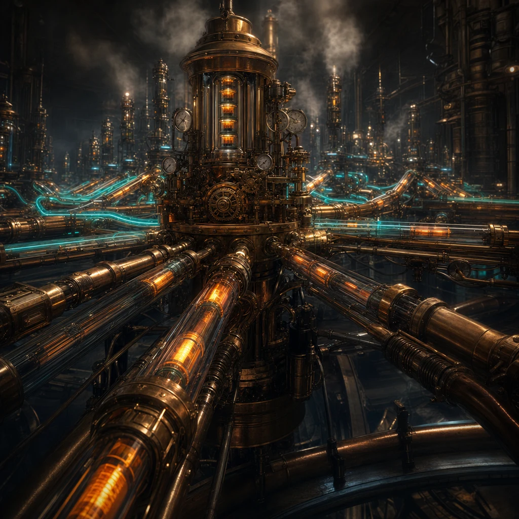 A vast brass pneumatic dispatch system in a dark industrial chamber, glass capsules carrying glowing amber content cartridges through copper tubing toward distant subscriber stations, neon orange and teal light pulsing along the pipework, dark steampunk signal distribution network
