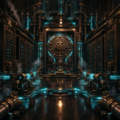 A vast underground server vault with rows of glowing brass machines and copper pipe networks routing data through self-contained infrastructure, neon blue and teal streams flowing internally rather than dispersing into a sky of clouds, dark steampunk industrial control room