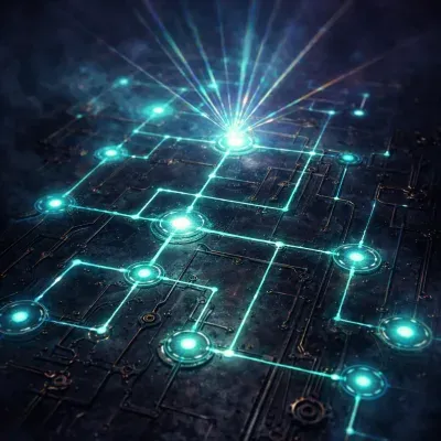 A massive brass magnifying glass hovering over a glowing sitemap carved into a dark metallic surface, with neon search-signal pulses radiating outward