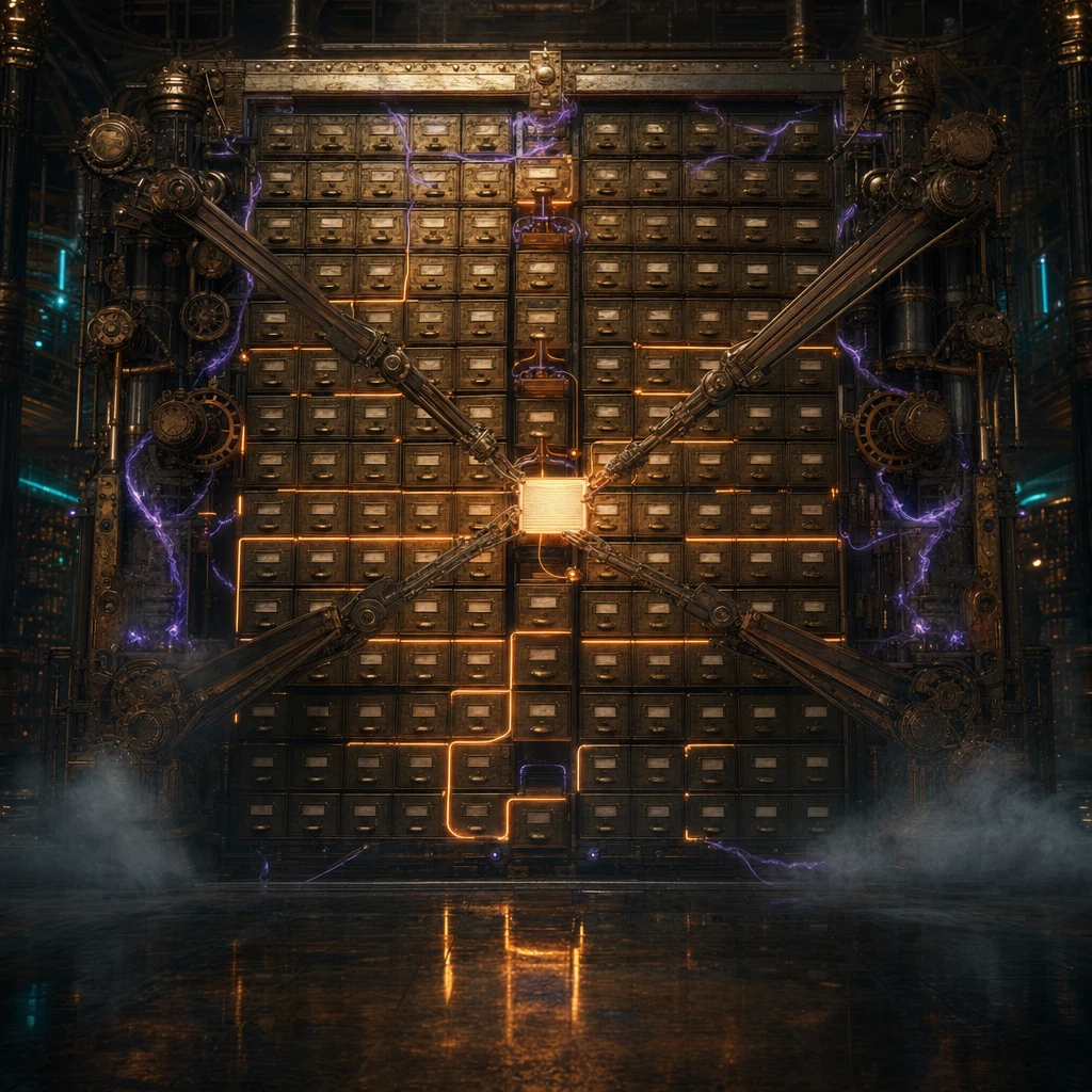 A vast brass card-catalog cabinet in a dark steampunk archive, thousands of index drawers glowing with neon copper filaments, mechanical query arms converging on a single illuminated card while violet energy traces ripple along the cabinet seams