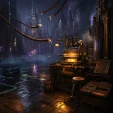 A vast dark steampunk type foundry at night, a single self-contained brass workshop in the foreground glowing with its own amber furnace and rows of movable-type cases being assembled into a clockwork printing press, severed copper data pipelines hanging loose where they used to stretch out toward a distant cathedral-sized brass font factory receding into atmospheric purple fog, the distant factory now dim and unplugged, the local workshop's furnace humming and casting warm reflections across a reflective wet stone floor with circuit-pattern grouting glowing faintly teal and amber, cinematic shallow depth of field, moody editorial composition, no text, no people
