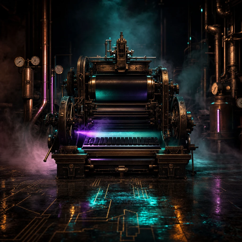 A towering brass letterpress in a fog-filled dark foundry, one row of heavy bold metal type cast in the same near-black as the ink well behind it so the glyphs all but vanish into shadow, a single raking beam of neon purple and teal light sweeping low across the type bed to expose the hidden letters, copper gauges and pressure dials glinting in the haze, reflective wet stone floor with faint circuit-pattern grouting glowing teal and amber, cinematic shallow depth of field, moody editorial composition, no text, no people