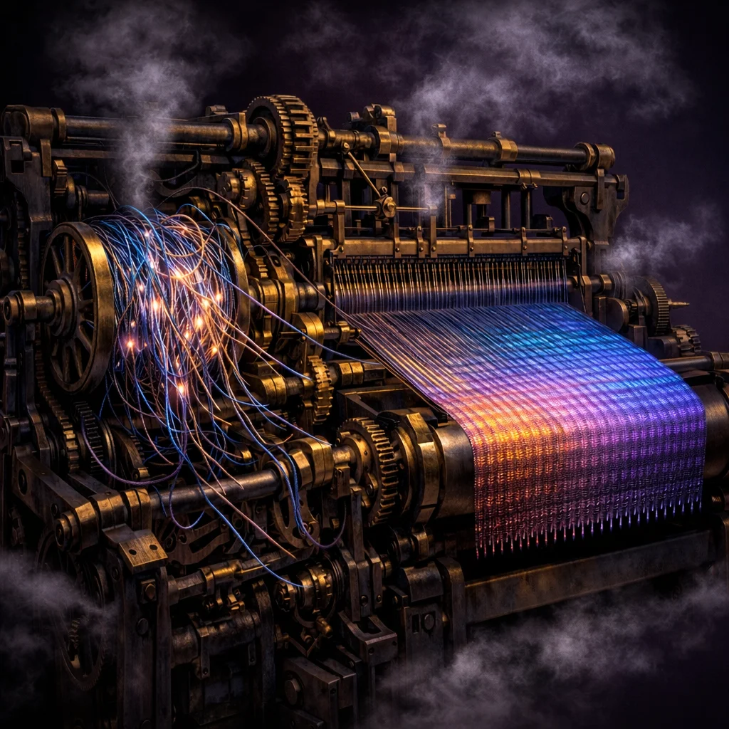 An intricate steampunk loom weaving glowing threads of light into a perfectly organized fabric pattern
