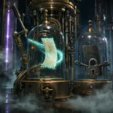 A towering brass clockwork archive where a glowing page, suspended mid-air in a glass bell jar, is being swung back into place on a copper rail the instant a great lever is pulled in reverse, neon teal energy trailing behind it, while a heavy iron padlock bolted onto a neighboring bell jar holds another page frozen and dark, fog drifting over a reflective floor