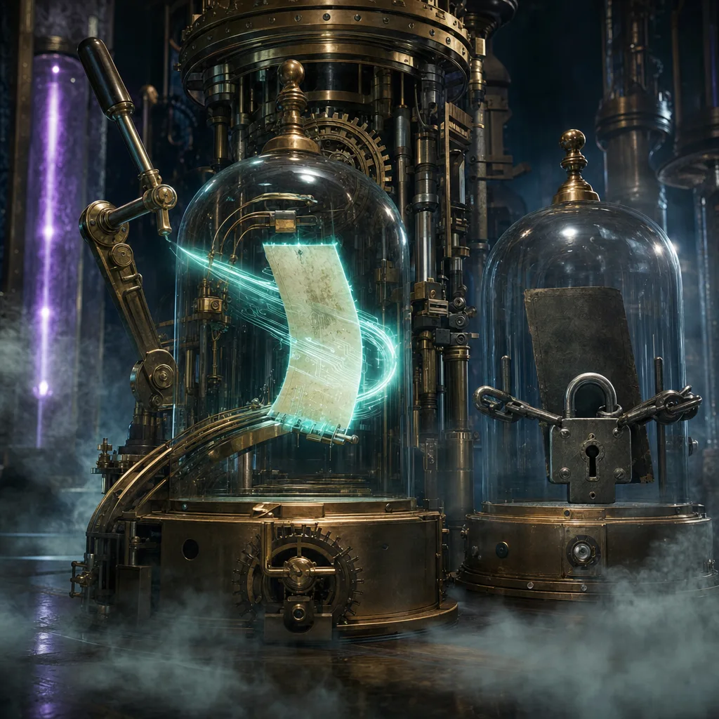 A towering brass clockwork archive where a glowing page, suspended mid-air in a glass bell jar, is being swung back into place on a copper rail the instant a great lever is pulled in reverse, neon teal energy trailing behind it, while a heavy iron padlock bolted onto a neighboring bell jar holds another page frozen and dark, fog drifting over a reflective floor
