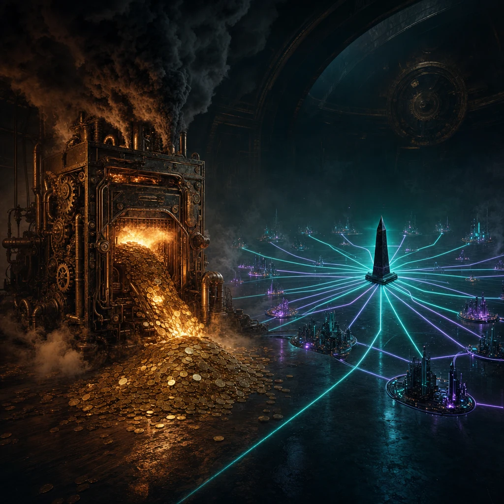 A vast dark steampunk vault split into two contrasting halves — on the left, a massive crumbling brass furnace shaped like a server rack devouring stacks of gold coins as fuel and belching black smoke into the air; on the right, a sleek geodesic network of glowing teal and purple conduits radiating quietly from a single small obsidian obelisk out to dozens of distant miniature city skylines on the horizon, atmospheric fog, neon teal and amber accents, cinematic lighting, no text, no people