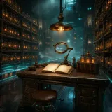 A vast dark steampunk warehouse filled with rows of towering brass shelving units, each shelf holding hundreds of glowing glass jars connected by tangled copper wiring; in the foreground a single workbench under a hanging amber lamp where a brass-handled magnifying lens hovers over an open ledger, with several jars set aside in a small crate marked for removal, the rest of the warehouse fading into atmospheric fog and neon teal accent lighting along the floor tracks, cinematic shallow depth of field, moody editorial composition, no text, no people