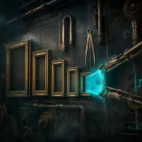 A row of brass picture frames of graduated sizes mounted on a dark steampunk wall, an oversized glowing canvas being forced by clockwork arms into the smallest frame, its edges spilling neon teal light over the brass, while precise copper measuring calipers hang unused beside it in drifting fog