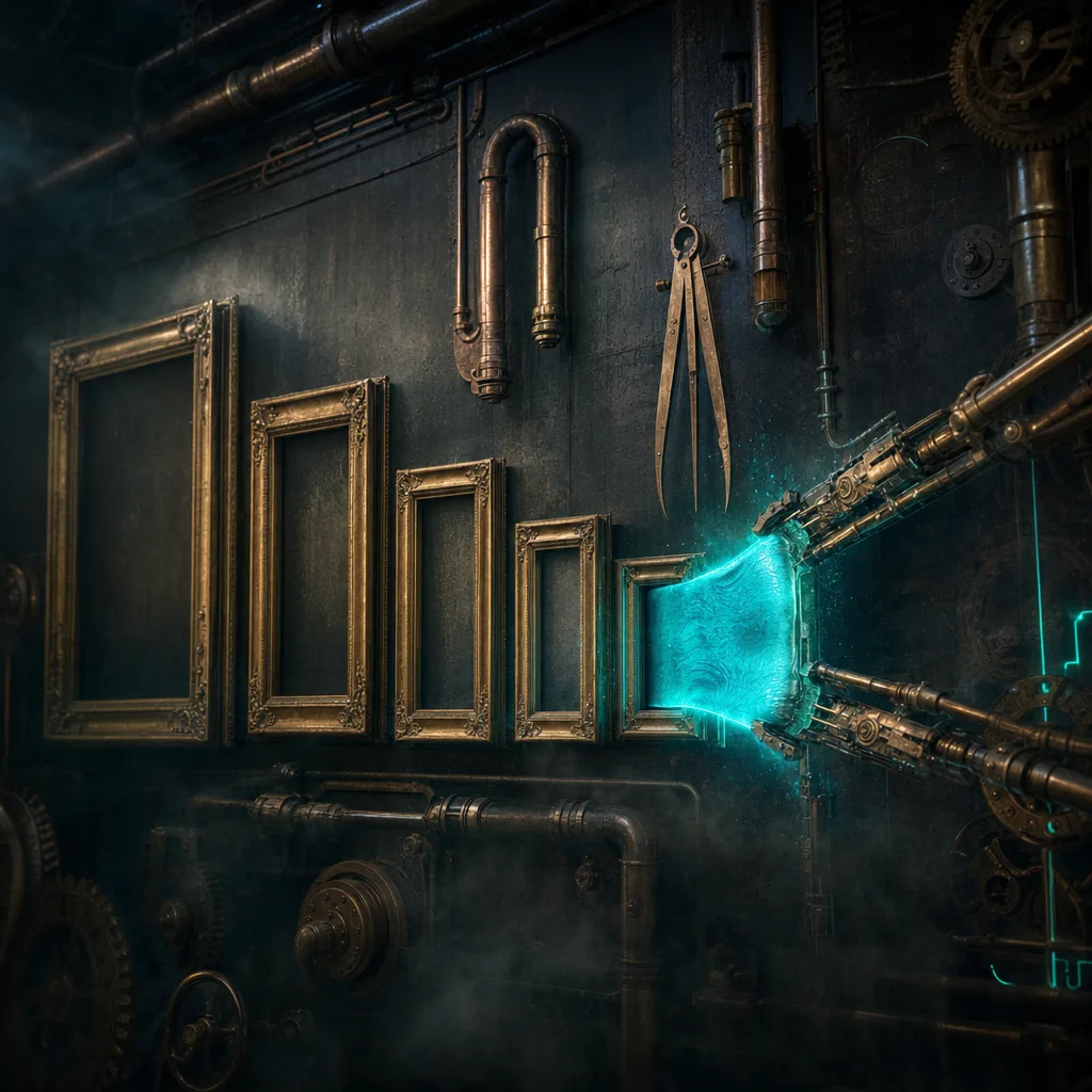 A row of brass picture frames of graduated sizes mounted on a dark steampunk wall, an oversized glowing canvas being forced by clockwork arms into the smallest frame, its edges spilling neon teal light over the brass, while precise copper measuring calipers hang unused beside it in drifting fog