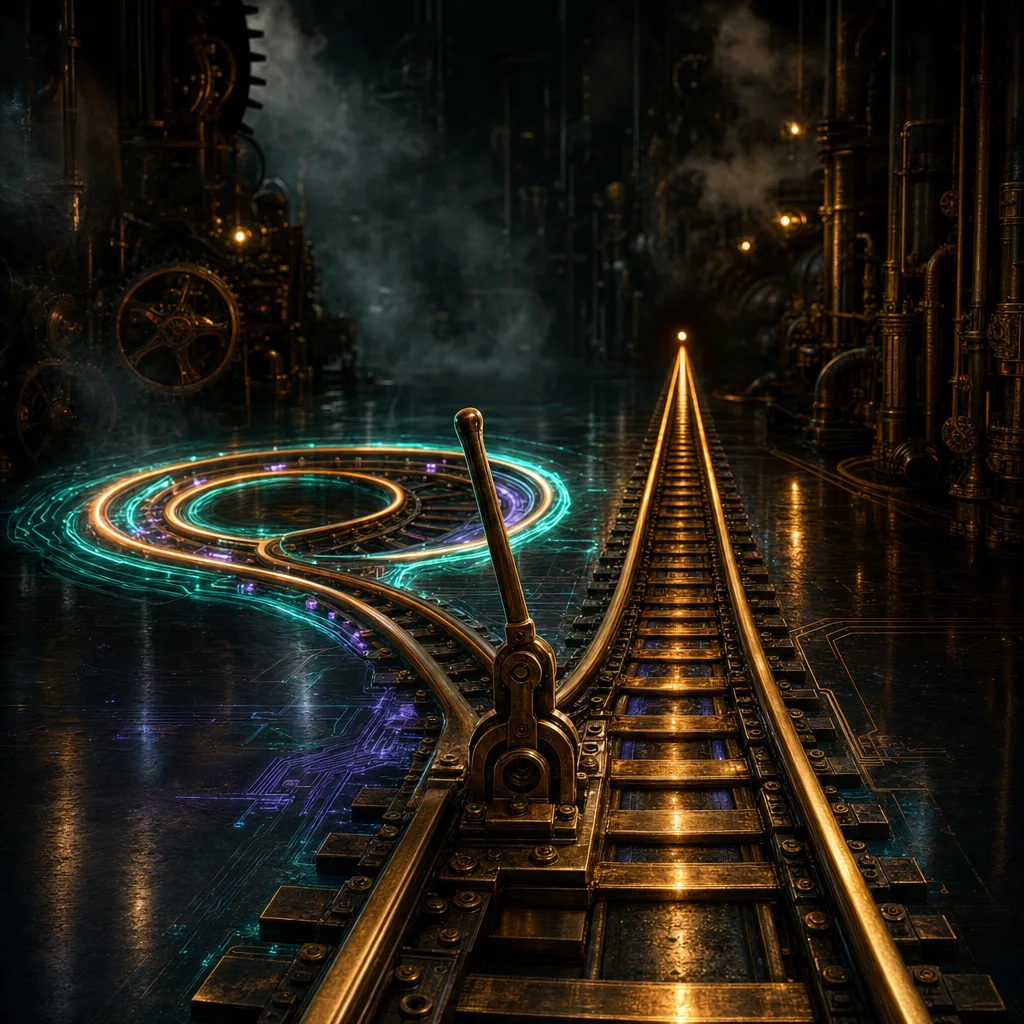 A single slash-shaped brass lever standing at a track junction in a fog-filled vault, one glowing rail continuing straight into the dark while the other curves back on itself into a closed circular loop feeding endlessly into its own entrance, neon teal and amber light tracing the circling track, dark steampunk switchyard threaded with copper circuitry