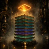 A towering stack of translucent brass-framed glass strata in a dark steampunk vault, each layer etched with faint glowing circuit patterns, while a single small unframed copper plate floats above the entire stack blazing with fierce neon amber light that overpowers every glowing layer beneath it, fog drifting across polished floors