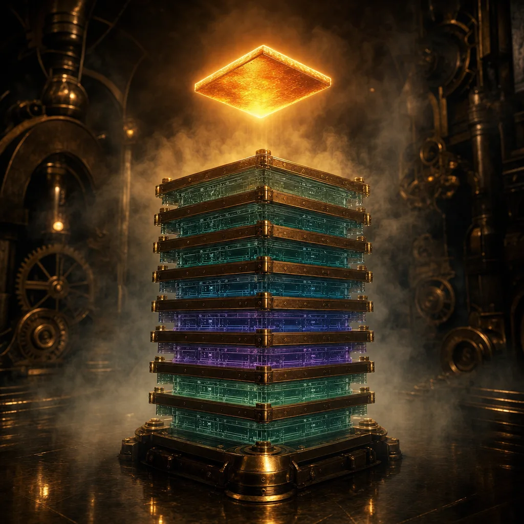 A towering stack of translucent brass-framed glass strata in a dark steampunk vault, each layer etched with faint glowing circuit patterns, while a single small unframed copper plate floats above the entire stack blazing with fierce neon amber light that overpowers every glowing layer beneath it, fog drifting across polished floors