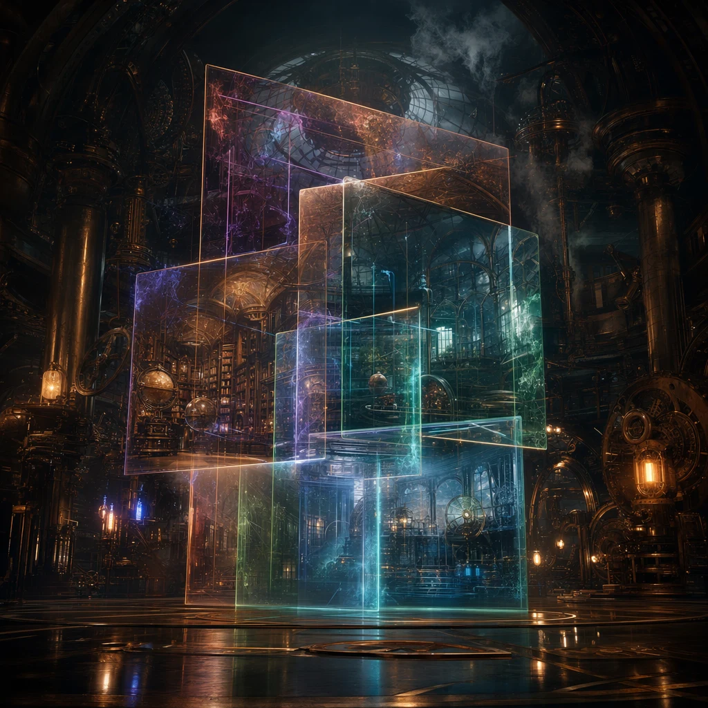 A vast brass observatory with overlapping translucent panes of glass shifting between scenes, each pane revealing a different room frozen mid-morph, dark steampunk interior lit by neon copper filaments