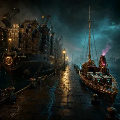 A vast dark steampunk harbor at night, with two cargo vessels docked side by side under amber sodium lamps and a low neon teal fog; the larger ship on the left is a hulking armored freighter packed with hundreds of identical sealed cargo containers stacked into a towering wall, its loading cranes idle and dim; the smaller ship on the right is a lean copper-plated cutter with only a handful of glowing crates strapped to its deck, brass rigging gleaming, a single small steam engine ticking over with a magenta flame, ready to sail, reflective wet stone dock between them with subtle circuit-pattern grouting glowing faintly blue, cinematic shallow depth of field, moody editorial composition, no text, no people