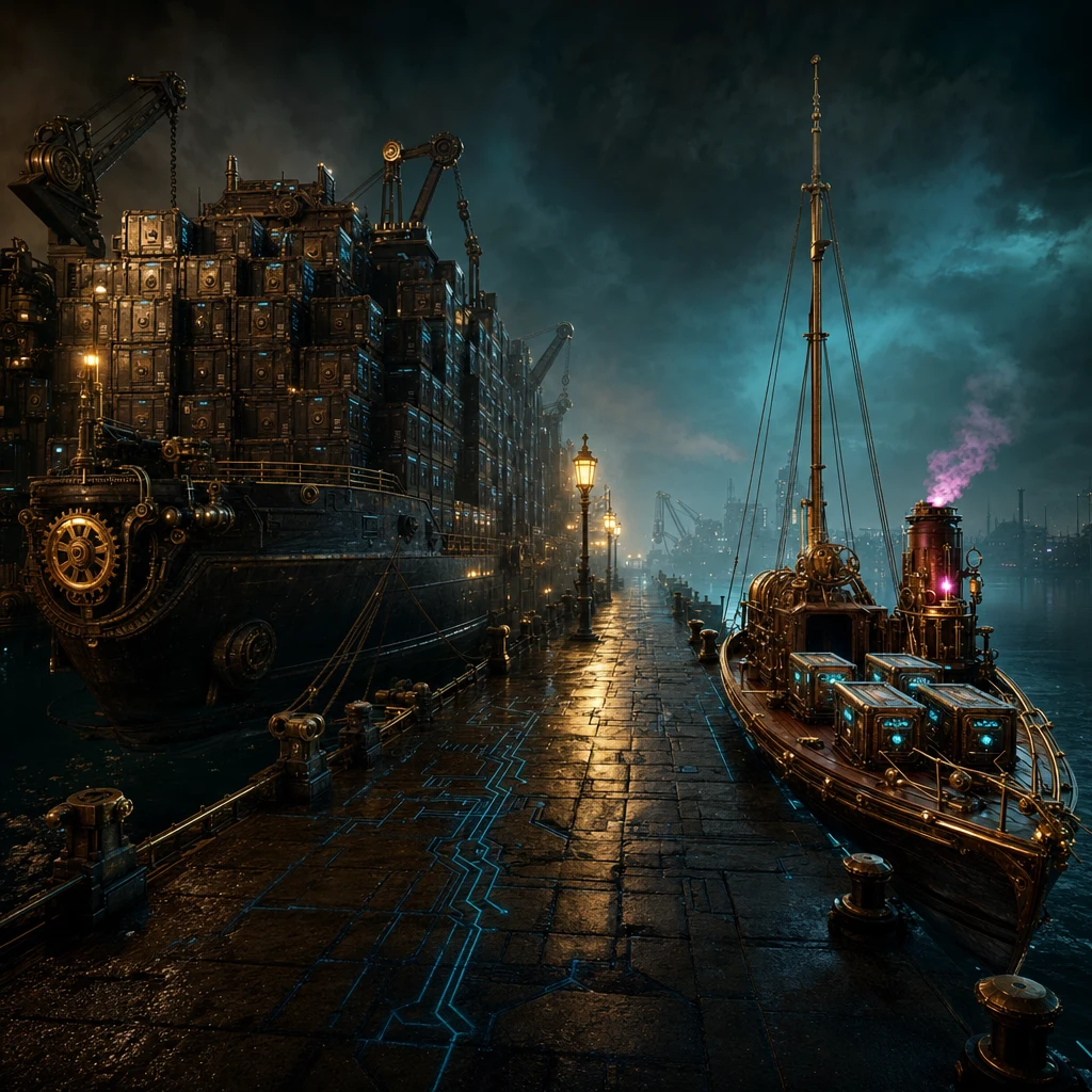 A vast dark steampunk harbor at night, with two cargo vessels docked side by side under amber sodium lamps and a low neon teal fog; the larger ship on the left is a hulking armored freighter packed with hundreds of identical sealed cargo containers stacked into a towering wall, its loading cranes idle and dim; the smaller ship on the right is a lean copper-plated cutter with only a handful of glowing crates strapped to its deck, brass rigging gleaming, a single small steam engine ticking over with a magenta flame, ready to sail, reflective wet stone dock between them with subtle circuit-pattern grouting glowing faintly blue, cinematic shallow depth of field, moody editorial composition, no text, no people