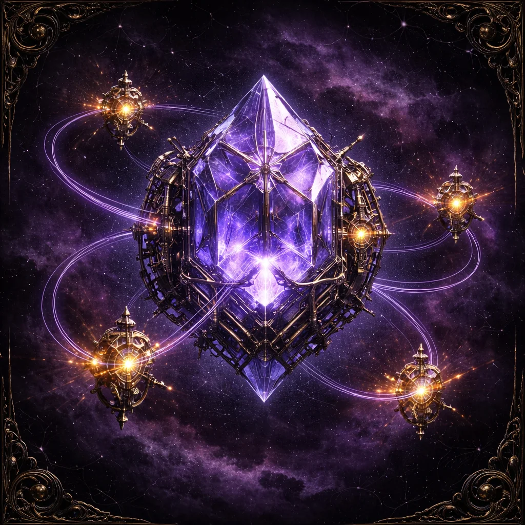 A steampunk static crystal engine with small glowing satellites orbiting it representing edge functions
