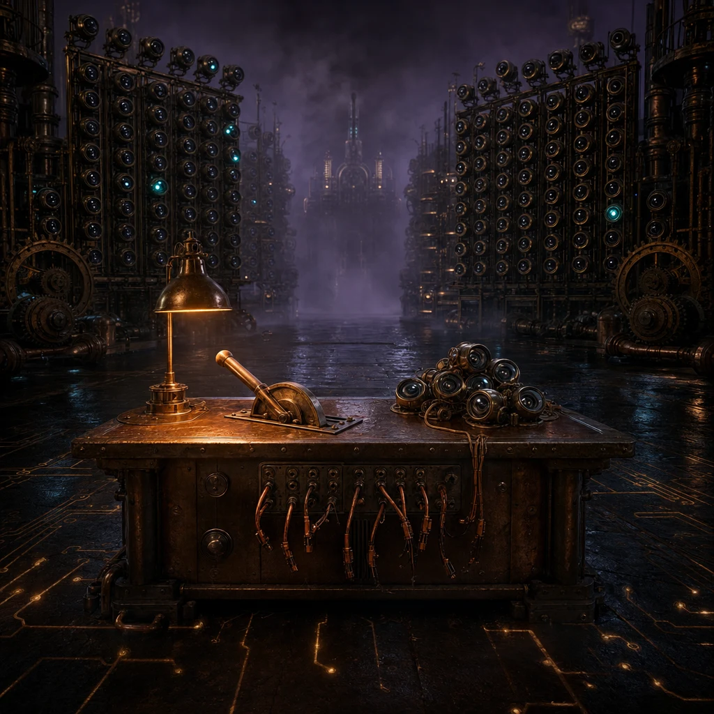 A vast dark steampunk surveillance chamber at night, towering brass observation racks holding hundreds of glass camera-eye lenses receding into atmospheric purple fog, most of the lenses now dim and dark with only a few still flickering faint teal; in the foreground a single solid copper workbench under a fading amber lamp where a heavy brass lever has been pulled all the way down to the OFF position, severed copper data cables hanging loose and unplugged from a tarnished switchboard, a small pile of inert glass eyes set aside beside the lever, reflective wet stone floor with circuit-pattern grouting glowing only faintly amber, cinematic shallow depth of field, moody editorial composition, no text, no people