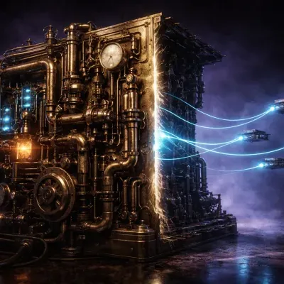 A dark steampunk control panel with glowing neon switches and dials, each labeled with a different web service icon, all connected by luminous copper pipes to a single static crystal core