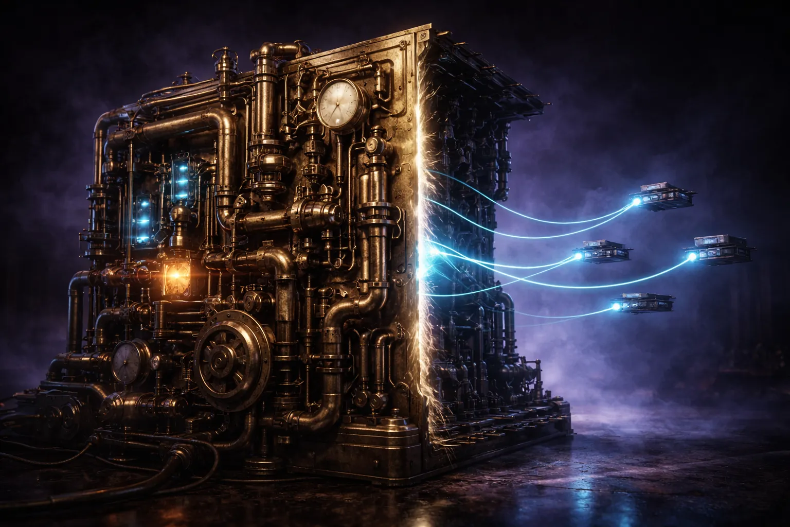 A dark steampunk control panel with glowing neon switches and dials, each labeled with a different web service icon, all connected by luminous copper pipes to a single static crystal core