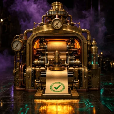 A self-contained steampunk brass inspection machine in a dimly-lit workshop, scrolls of data feeding through an internal mechanism of gears and calibrated gauges that stamps each scroll with an emerald verification seal, all mechanisms internal with no external wires or cables leading outside the machine, amber furnace glow from within, reflective wet stone floor with faintly glowing circuit-pattern grouting in teal and amber, atmospheric purple fog filling the background, cinematic shallow depth of field, moody editorial composition, no text, no people