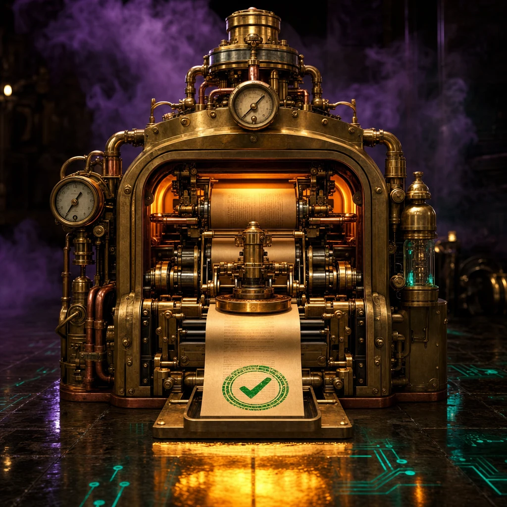 A self-contained steampunk brass inspection machine in a dimly-lit workshop, scrolls of data feeding through an internal mechanism of gears and calibrated gauges that stamps each scroll with an emerald verification seal, all mechanisms internal with no external wires or cables leading outside the machine, amber furnace glow from within, reflective wet stone floor with faintly glowing circuit-pattern grouting in teal and amber, atmospheric purple fog filling the background, cinematic shallow depth of field, moody editorial composition, no text, no people