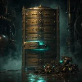 A towering brass cabinet of stacked hinged drawers in a dark steampunk workshop, one drawer sliding open on its own to spill soft neon teal light, while a discarded tangle of copper wires, pistons, and clockwork motors lies disconnected on the fog-covered floor beside it