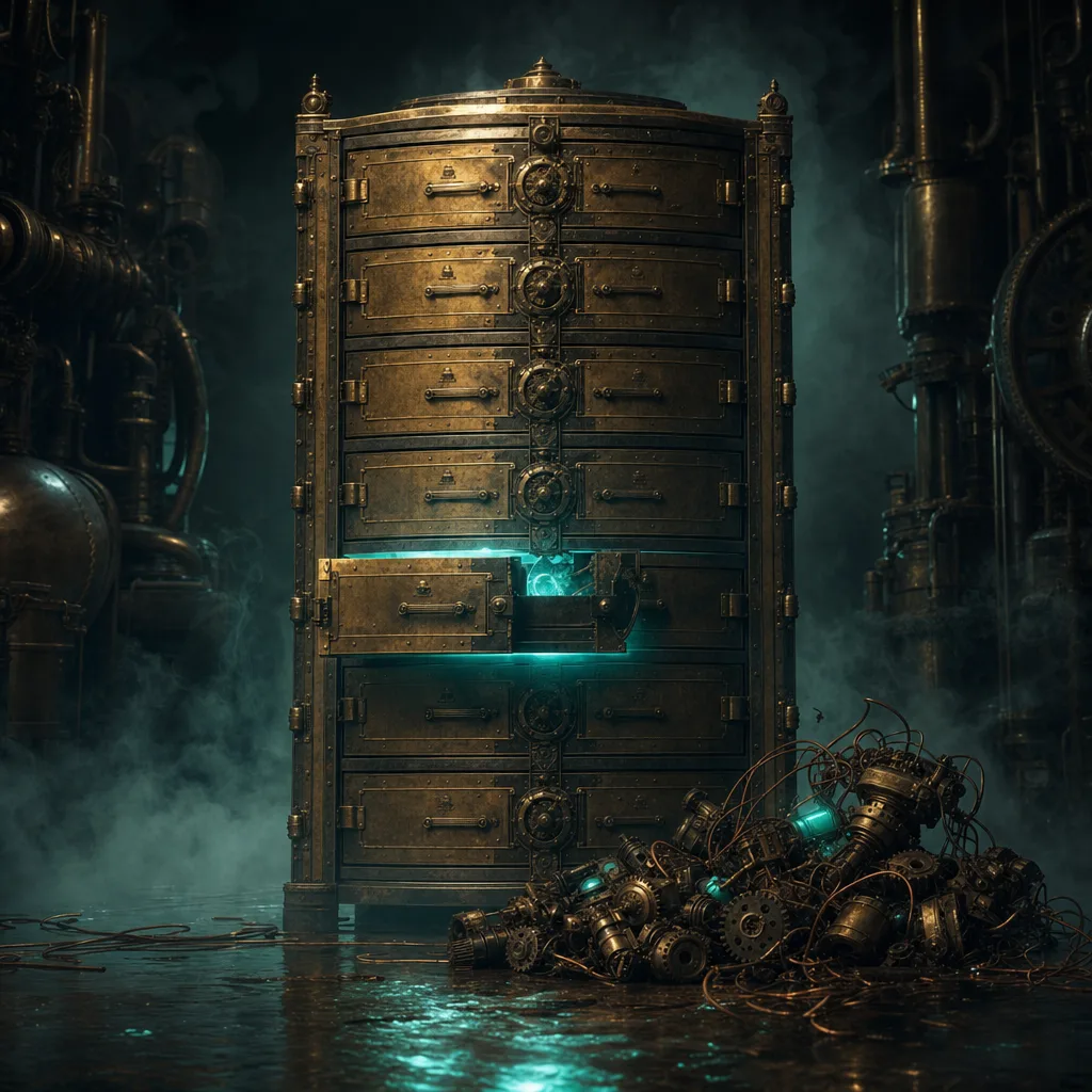 A towering brass cabinet of stacked hinged drawers in a dark steampunk workshop, one drawer sliding open on its own to spill soft neon teal light, while a discarded tangle of copper wires, pistons, and clockwork motors lies disconnected on the fog-covered floor beside it