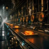 A colossal brass foundry conveyor stretching away into fog, each glowing casting stamped a fraction slower than the last, neon amber pressure gauges along the wall creeping toward their red limits in a dark steampunk machine hall