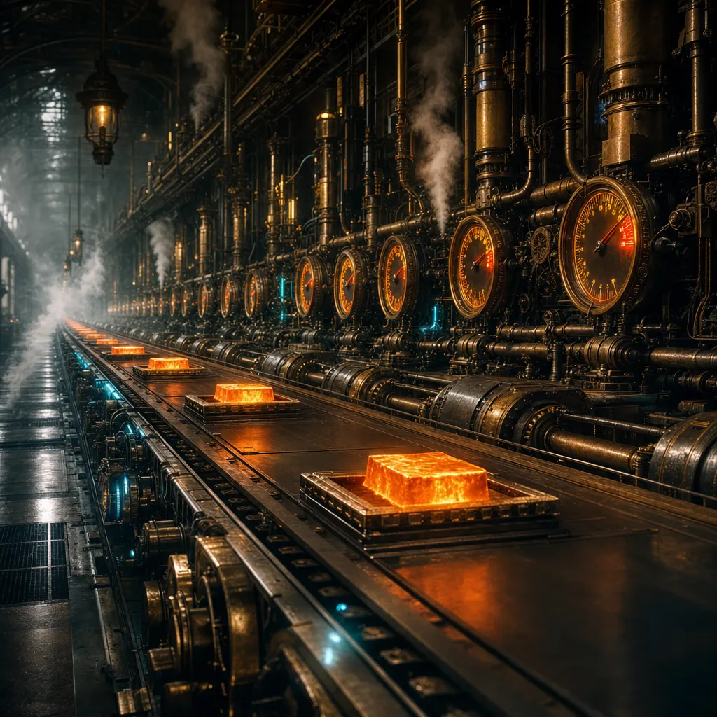 A colossal brass foundry conveyor stretching away into fog, each glowing casting stamped a fraction slower than the last, neon amber pressure gauges along the wall creeping toward their red limits in a dark steampunk machine hall