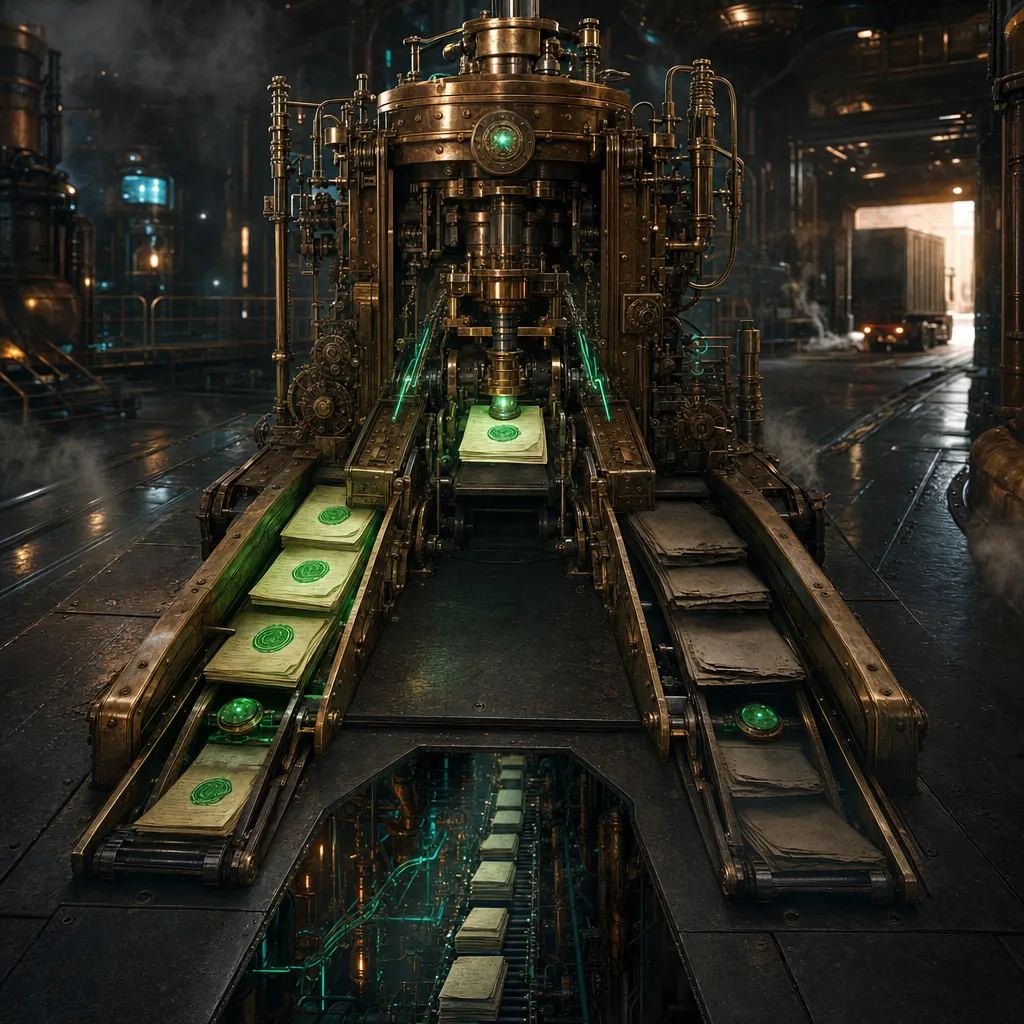 A brass sorting machine stamping documents into two chutes, one sealed with glowing green wax and one dark and unstamped, while a hidden conveyor beneath the floor carries the unstamped documents straight out to a lit loading dock, dark steampunk interior with neon teal filaments and drifting fog