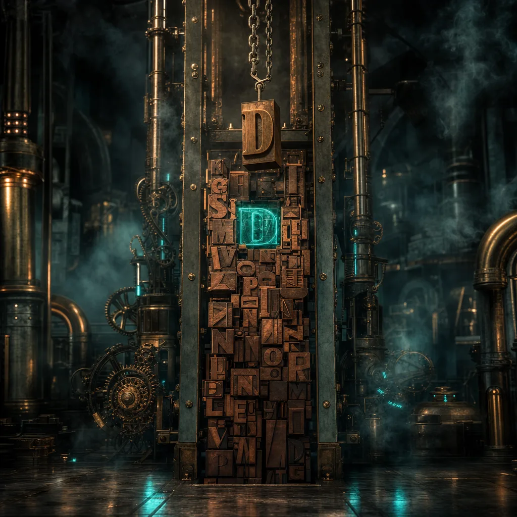 A colossal brass typesetting frame in a fog-filled steampunk hall, a ghostly translucent neon-teal slug of placeholder metal type holding open an exact gap in a tall column of copper letterforms, a heavier brass replacement letter suspended on chains directly above it, the entire column below poised to lurch downward