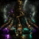 A vast brass sorting machine in a dark steampunk mailroom where glowing glass parcels slide down copper chutes and a clockwork arm stamps each one with a label by glancing only at its shape, several parcels visibly mislabeled and jammed in the wrong neon-lit bins, purple and teal light cutting through fog over a wet reflective floor