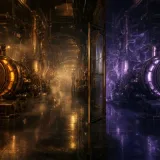 An exact mirrored twin of a vast brass engine hall standing behind a glass door left ajar, the duplicate machinery running unattended in ghost-pale violet neon while the original glows amber beyond it, dark steampunk foundry adrift in fog, no guard rail or barrier between the two halls
