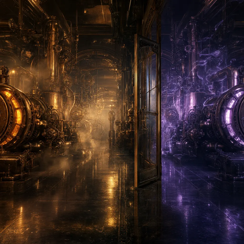 An exact mirrored twin of a vast brass engine hall standing behind a glass door left ajar, the duplicate machinery running unattended in ghost-pale violet neon while the original glows amber beyond it, dark steampunk foundry adrift in fog, no guard rail or barrier between the two halls