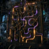 A towering brass pneumatic-tube switchyard in drifting fog, dozens of hand-thrown routing levers diverting glowing capsules down branching copper tubes, one lever jammed so its capsule loops endlessly back into itself, neon purple and amber light tracing every path, dark steampunk signal hall with no operator at the controls