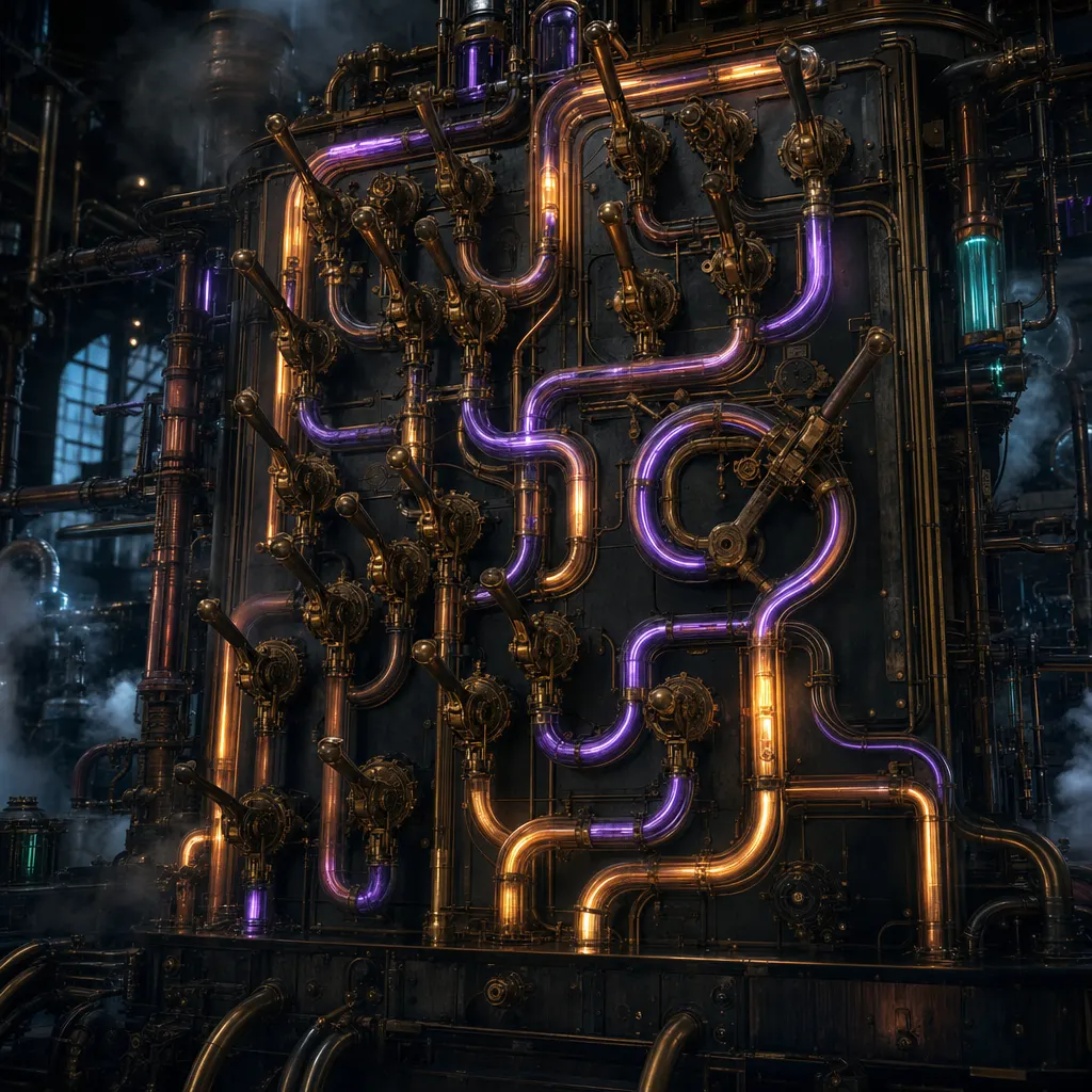 A towering brass pneumatic-tube switchyard in drifting fog, dozens of hand-thrown routing levers diverting glowing capsules down branching copper tubes, one lever jammed so its capsule loops endlessly back into itself, neon purple and amber light tracing every path, dark steampunk signal hall with no operator at the controls