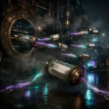 A brass pneumatic mail tube network carrying glowing glass capsules of pages out of a dark steampunk printing house, where every capsule that exits the building trails severed copper threads that once tethered it to the machine, sparking neon purple and teal at their frayed ends, fog rolling over a wet reflective floor