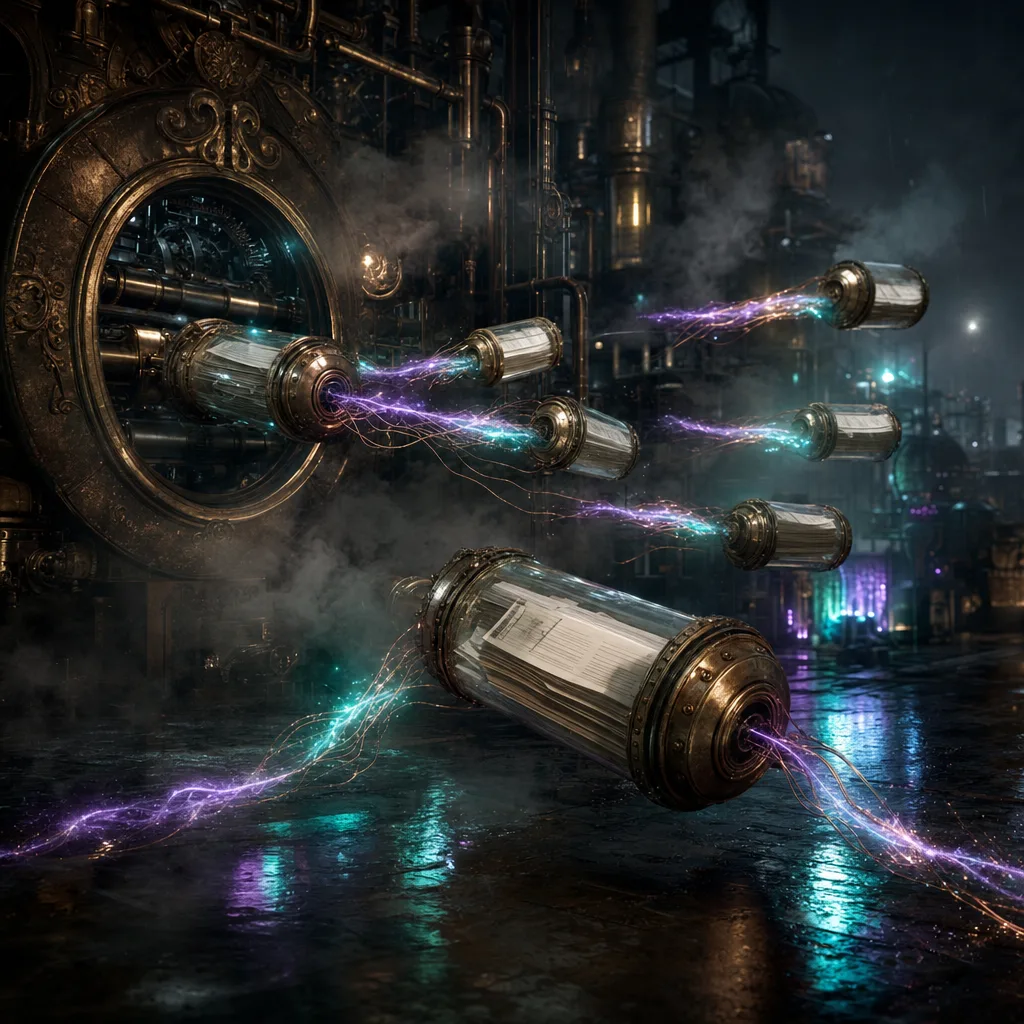 A brass pneumatic mail tube network carrying glowing glass capsules of pages out of a dark steampunk printing house, where every capsule that exits the building trails severed copper threads that once tethered it to the machine, sparking neon purple and teal at their frayed ends, fog rolling over a wet reflective floor
