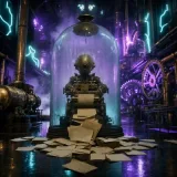 A derelict brass automaton sealed inside a fogged glass bell jar, still stamping copies of a yellowed page long after the great foundry behind it has been rebuilt in glowing neon purple, its output tray overflowing with outdated sheets, dark steampunk hall lit by teal filaments, no hand able to reach the mechanism