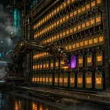 A vast brass wall of hundreds of hanging date-stamp tags in a fog-filled depot, a single clockwork arm sweeping across and branding every tag with the same glowing neon amber timestamp while one genuinely fresh tag burns purple and goes unnoticed, dark steampunk sorting hall lit by teal filaments