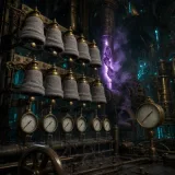 A vast brass alarm gallery inside a fogged cathedral of pipes, every warning bell muffled in felt and every pressure gauge frozen at zero while a cracked neon-purple conduit vents glowing vapor unnoticed behind them, dark steampunk boiler hall lit by teal filaments, dust settled thick over untouched control levers