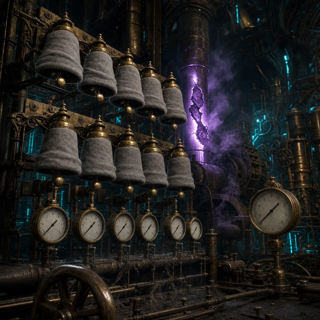 A vast brass alarm gallery inside a fogged cathedral of pipes, every warning bell muffled in felt and every pressure gauge frozen at zero while a cracked neon-purple conduit vents glowing vapor unnoticed behind them, dark steampunk boiler hall lit by teal filaments, dust settled thick over untouched control levers
