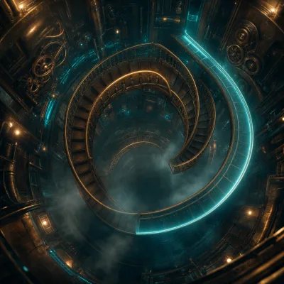 A grand brass spiral staircase descending into fog, with a single glowing neon ramp threading alongside it into the same darkness, dark steampunk architecture lit by teal and amber filaments