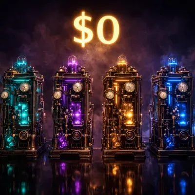 A glowing neon zero-dollar sign floating above four dark metallic server pedestals connected by pulsing light streams against a moody steampunk backdrop
