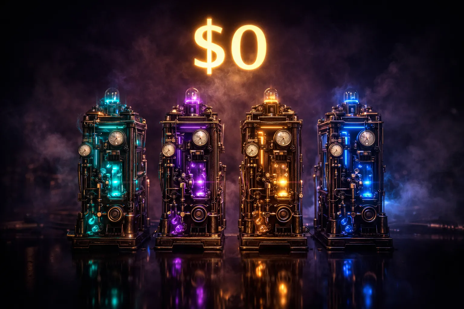 A glowing neon zero-dollar sign floating above four dark metallic server pedestals connected by pulsing light streams against a moody steampunk backdrop
