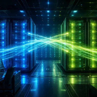 A futuristic control room with two glowing server racks side by side, one blue and one green, connected by streams of light representing seamless traffic switching