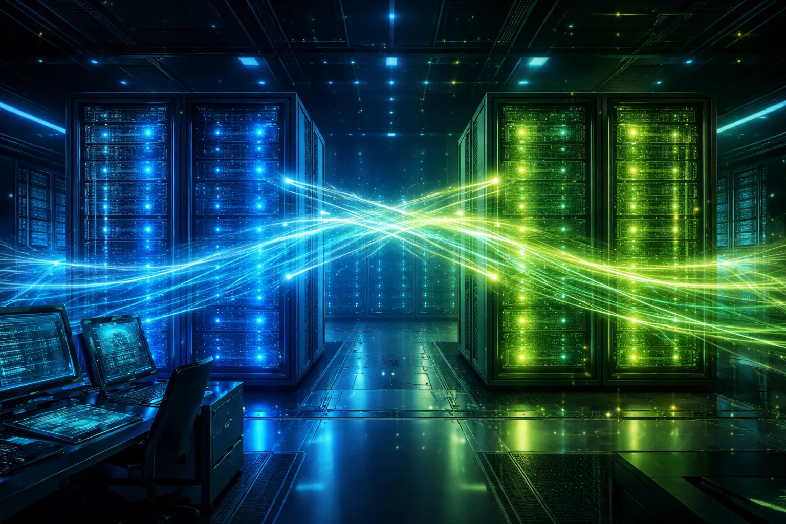 A futuristic control room with two glowing server racks side by side, one blue and one green, connected by streams of light representing seamless traffic switching